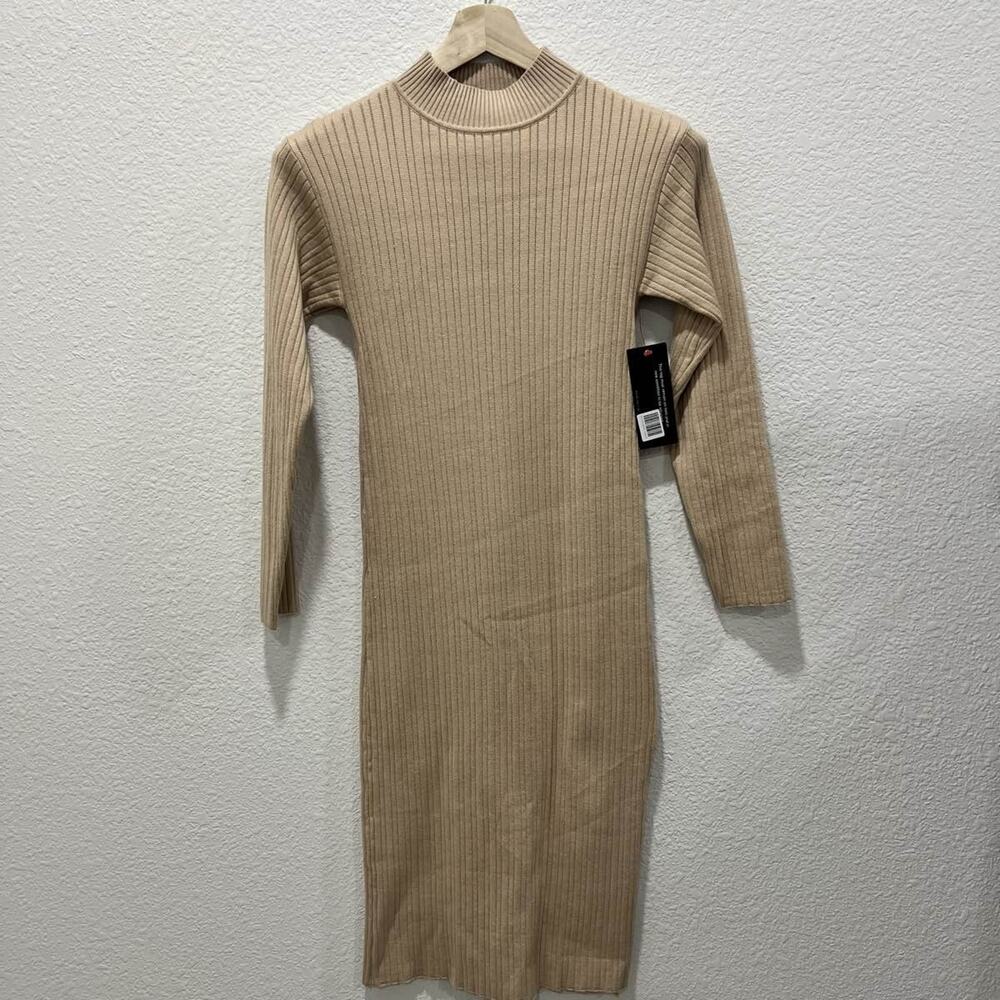 NWT Lumiere Women's Tan Ribbed Knit Mock Neck Midi Sweater Dress Bodycon Small